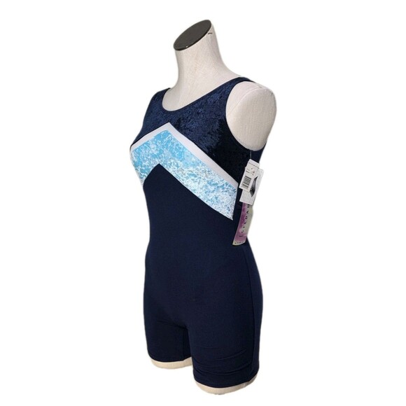 Gilda Marx VTG 90s Cotton Velvet Biketard Unitard Dance Tricolor Blue XS (Y/J) - Picture 1 of 16